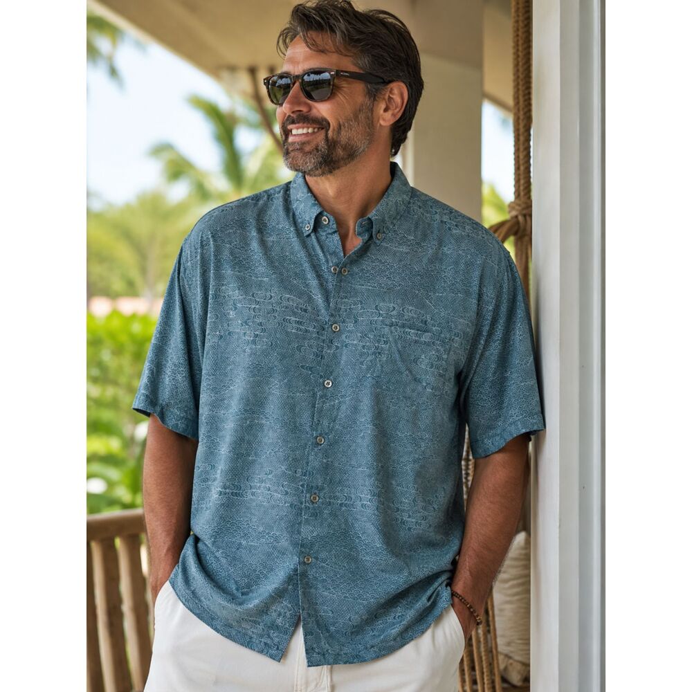 Tori Richard Teal Wave Print Button Down SS Shirt Hawaiian Resort Cotton 3XL